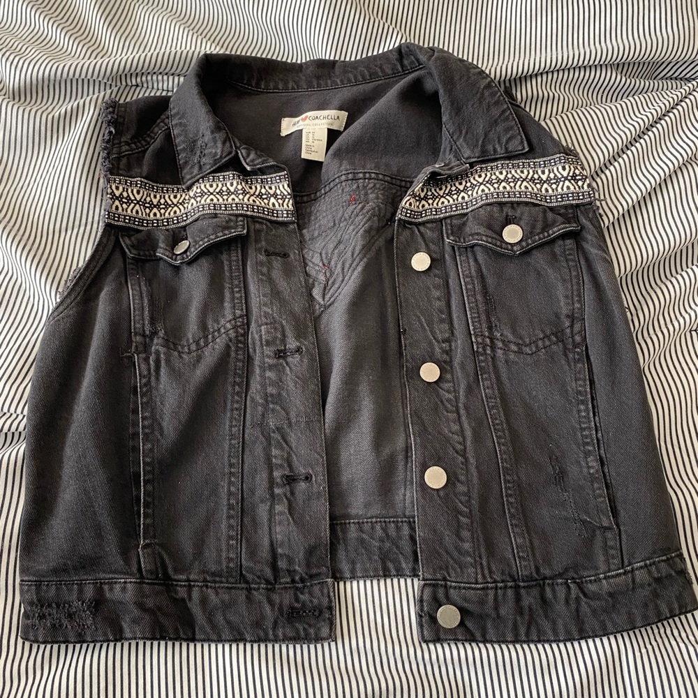 Black Denim Embroidered Vest